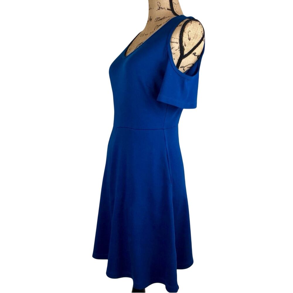 New York & Company Cobalt Blue Cold Shoulder Dress Flattering Fit & Flare Design - Picture 3 of 16